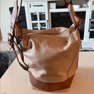 Valentina Cream and Brown Genuine Italian Leather Hobo Bag